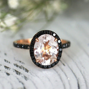 3Ct Oval Peach Morganite Black Diamond Halo Engagement Ring 14K Rose Gold Finish