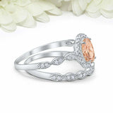 2.5ct Oval Peach Morganite Engagement Ring Bridal Set Halo 14k White Gold Finish