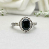 2.2ct Engagement Ring Oval Cut Black Diamond Halo Design 14k White Gold Finish