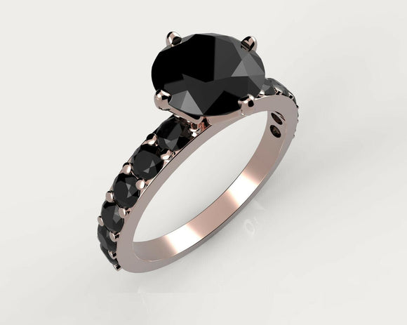 2.2ct Round Cut Black Diamond Solitaire Ring 14k RoseGold Over with Round Accent