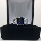 2.5ct Emerald Cut Blue Sapphire Trilogy Engagement Ring 14k White Gold Finish