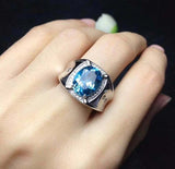 3.5ct Oval Cut Blue Topaz Halo Signet Engagement Men Ring 14k White Gold Finish