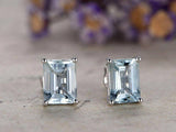 1Ct Emerald Cut Blue Aquamarine Solitaire Stud Women Earring 18K White Gold Over