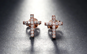 2ct Round Cut VVS1 Diamond Small Cross Design Stud Earrings 14k Rose Gold Finish