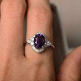 2ct Oval Cut Purple Amethyst Solitaire Round Floral Halo Ring 14k WhiteGold Over