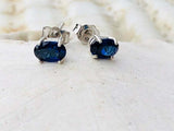 1ct Stud Earrings Oval Cut Blue Sapphire Solitaire Women 14k White Gold Finish