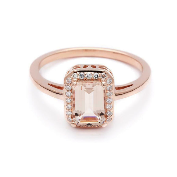 1ct Emerald Cut Peach Morganite Engagement Ring 14k RoseGold Finish Diamond Halo