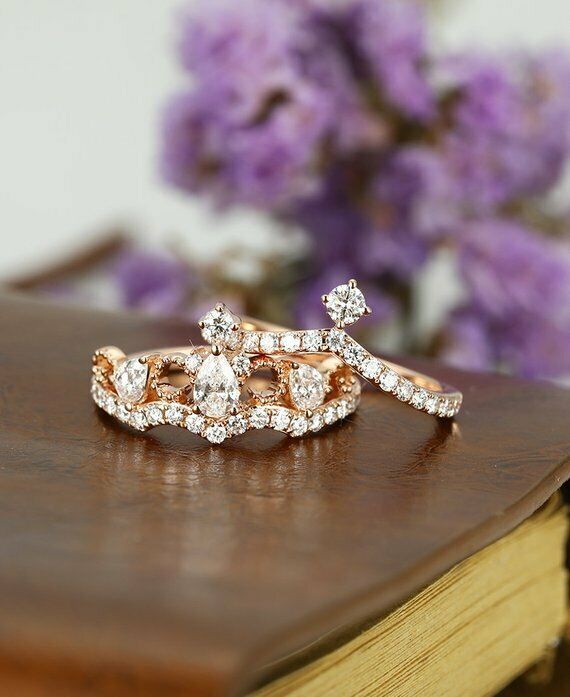 2ct Pear Cut VVS1 Diamond Engagement Ring 14k Rose Gold Finish Crown Bridal Set