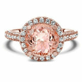 4Ct Round Cut Peach Morganite Diamond Accents Halo Ring 14K Rose Gold Finish