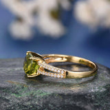 2Ct Cushion Cut Green Peridot Split Shank Engagement Ring 14K Yellow Gold Finish