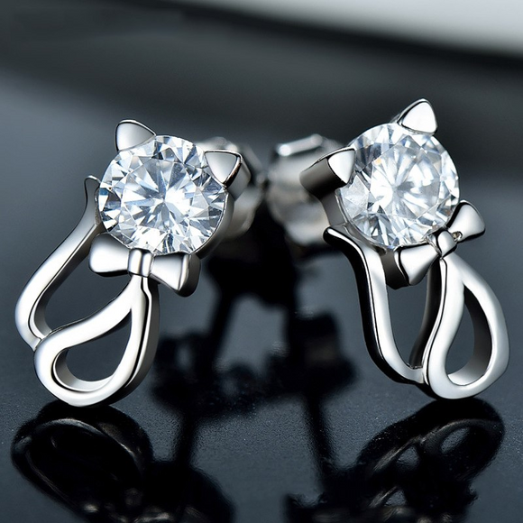 1.7ct Round Cut VVS1D Diamond Cat Design Stud Earrings 14k White Gold Finish