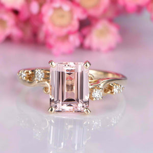 2ct Emerald Cut Morganite Engagement Ring Diamond Accents 14k Yellow Gold Finish