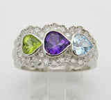 4ct Heart Cut Amethyst Peridot Aquamarine Engagement Ring 14k White Gold Finish