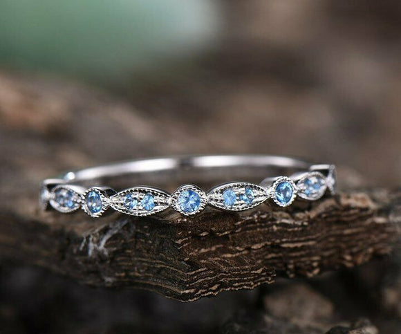 1ct Round Blue Aquamarine Wedding Band Half Eternity Vintage 14k White Gold Over