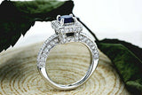 3Ct Round Blue Sapphire Square Diamond Halo Engagement Ring 14K White Gold Over