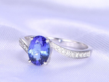 1ct Oval Blue Tanzanite Engagement Ring Swirl Round Accent 14k White Gold Finish