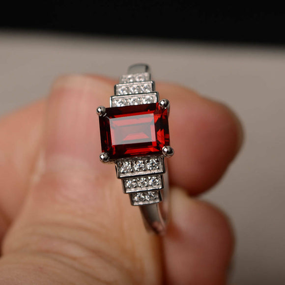 2ct Emerald Cut Red Garnet Classic Solitaire Engagement Ring 14k White Gold Over