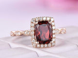 2ct Elongated Cushion Cut Red Garnet Engagement Ring Halo 14k Rose Gold Finish