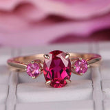 1.8ct Oval Cut Pink Ruby Engagement Ring Round Accent Trilogy 14k Rose Gold Over