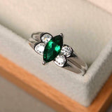 1ct Marquise Cut Emerald Dual Shank Solitaire Accent Ring 14k White Gold Finish