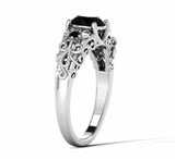 Floral Filigree Solitaire Ring 1.6ct Round Cut Black Diamond 14k White Gold Over