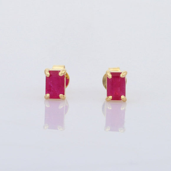 1ct Stud Earrings Emerald Cut Pink Ruby Solitaire Classic 14k Yellow Gold Finish