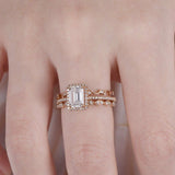 2ct Emerald Cut Peach Morganite Halo Trio Set Engagement Ring 14k Rose Gold Over