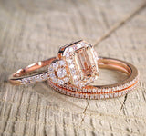 7Ct Emerald Cut Peach Morganite Diamond Bridal Trio Ring Set 14K Rose Gold Over