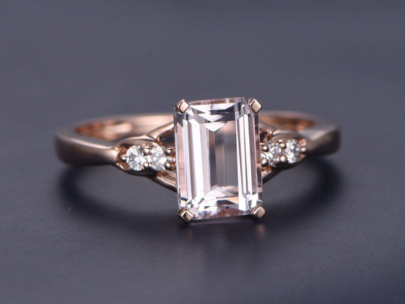 1.5ct Emerald Cut Peach Morganite Solitaire Engagement Ring 14k Rose Gold Finish