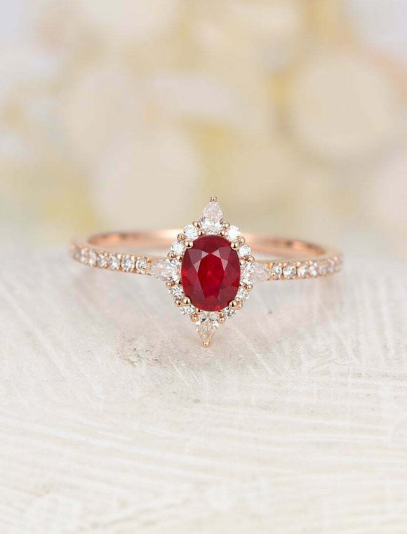 1.5ct Oval Cut Red Garnet Engagement Ring Vintage Halo Star 14k Rose Gold Finish