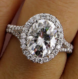 3.3Ct Oval Cut Diamond Halo Split Shank Engagement Ring 18K White Gold Finish