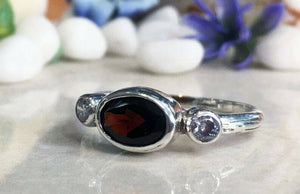 1.3ct Oval Cut Red Garnet Diamond Accent Trilogy Ring 14k White Gold Finish