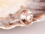 1.2ct Pear Cut Peach Morganite Halo Solitaire Engagement Ring 14k Rose Gold Over