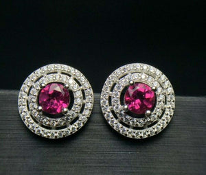 2.75ct Stud Earrings Round Cut Pink Ruby Diamond Dual Halo 14k White Gold Finish