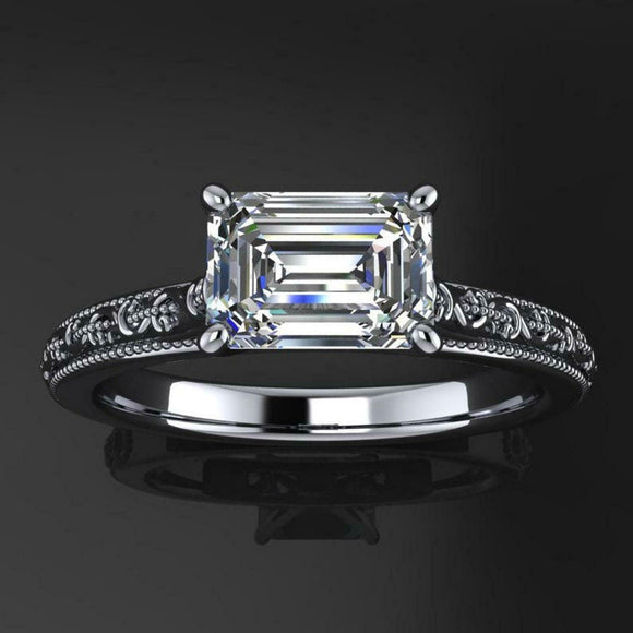 Vintage Milgrain Engagement Ring 1ct Emerald Cut Diamond 14k White Gold Finish