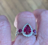 3ct Engagement Ring Pear Cut Pink Ruby Halo Trilogy Stylish 14k WhiteGold Finish