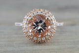 2.5ct Round Cut Peach Morganite Engagement Ring Double Halo 14k Rose Gold Finish