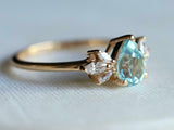 1.6ct Engagement Ring Pear Cut Blue Aquamarine Leaf Accent 14k YellowGold Finish