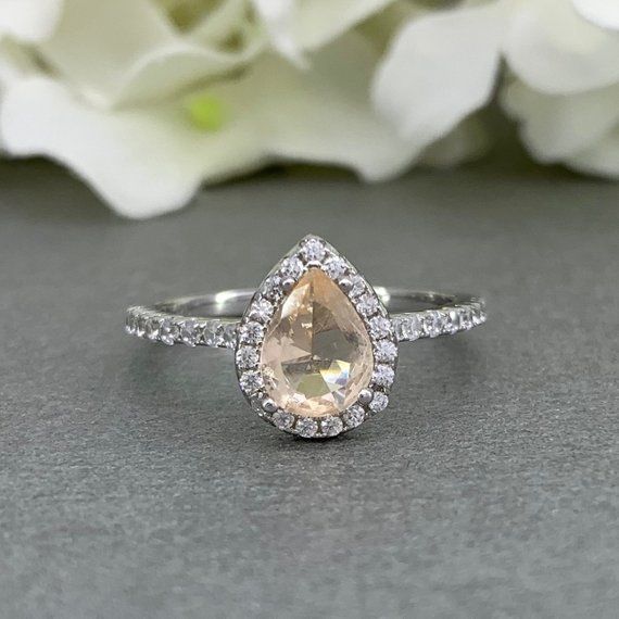 2ct Pear Cut Peach Morganite Halo Solitaire Engagement Ring 14k WhiteGold Finish