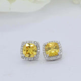 2ct Cushion Cut Yellow Sapphire Halo Diamond Stud Earrings 14k White Gold Finish