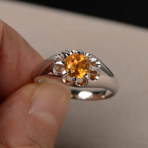 1ct Round Cut Yellow Citrine Floral Solitaire Engagement Ring 14k WhiteGold Over