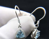 1.6ct Drop Earrings Trillion Cut Blue Topaz Halo Fish Hook 14k White Gold Finish