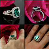 2.3ct Green Emerald Split Band Halo Women Engagement Ring 14k White Gold Finish