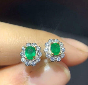 1.6ct Stud Earrings Oval Cut Green Emerald Diamond Floral 14k White Gold Finish