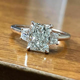 2.5Ct Radiant Cut Diamond Three Stone Ring 14K White Gold Over Trapezoid Accents