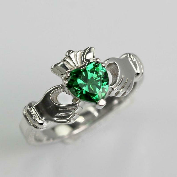 1ct Heart Cut Green Emerald Engagement Ring Claddagh Design 14k White Gold Over