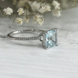 3Ct Princess Cut Blue Aquamarine Hidden Halo Engagement Ring 14K White Gold Over