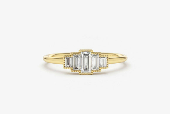 0.8ct Engagement Ring Baguette Cut Diamond 5 Stone Art Deco 14k Yellow Gold Over