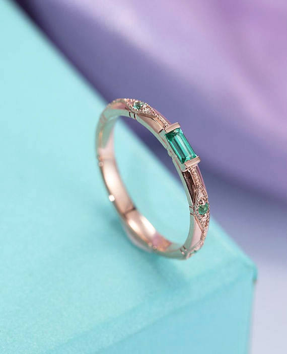 1.1ct Baguette Cut Green Emerald Minimalist Engagement Ring 14k Rose Gold Finish