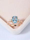 1.3ct Oval Cut Blue Aquamarine Diamond Trilogy Engagement Ring 14k RoseGold Over